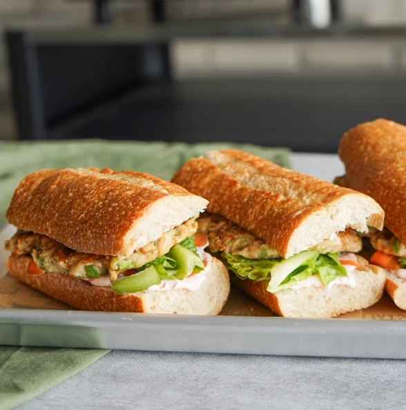 Asian-inspired sandwich with chicken and pickled vegetables